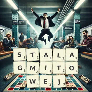 Kreatywna ilustracja do gry w Scrabble ze słowem STALAGMITOWEJ ułożonym z płytek na planszy.