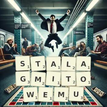 Kreatywna ilustracja do gry w Scrabble ze słowem STALAGMITOWEMU ułożonym z płytek na planszy.