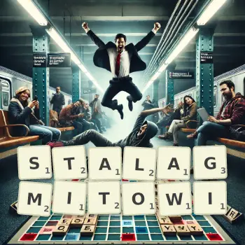 Kreatywna ilustracja do gry w Scrabble ze słowem STALAGMITOWI ułożonym z płytek na planszy.