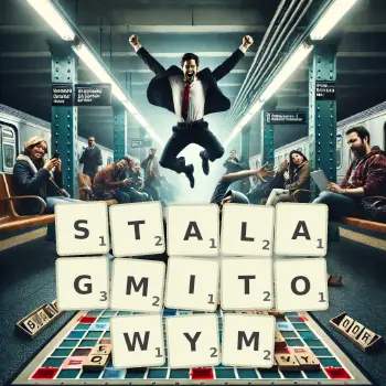 Kreatywna ilustracja do gry w Scrabble ze słowem STALAGMITOWYM ułożonym z płytek na planszy.