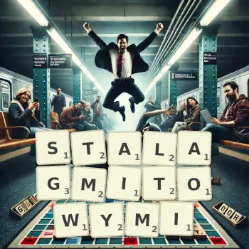 Kreatywna ilustracja do gry w Scrabble ze słowem STALAGMITOWYMI ułożonym z płytek na planszy.