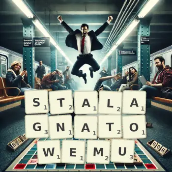 Kreatywna ilustracja do gry w Scrabble ze słowem STALAGNATOWEMU ułożonym z płytek na planszy.