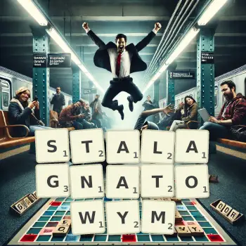 Kreatywna ilustracja do gry w Scrabble ze słowem STALAGNATOWYM ułożonym z płytek na planszy.