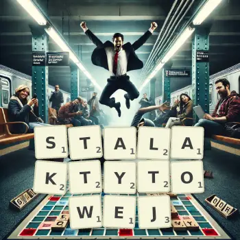 Kreatywna ilustracja do gry w Scrabble ze słowem STALAKTYTOWEJ ułożonym z płytek na planszy.