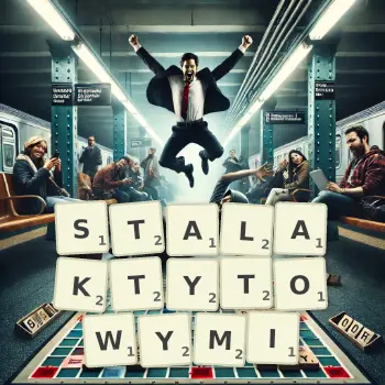 Kreatywna ilustracja do gry w Scrabble ze słowem STALAKTYTOWYMI ułożonym z płytek na planszy.