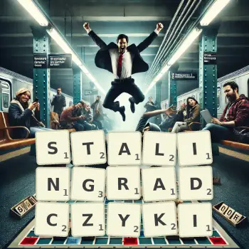 Kreatywna ilustracja do gry w Scrabble ze słowem STALINGRADCZYKI ułożonym z płytek na planszy.