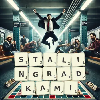 Kreatywna ilustracja do gry w Scrabble ze słowem STALINGRADKAMI ułożonym z płytek na planszy.