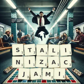 Kreatywna ilustracja do gry w Scrabble ze słowem STALINIZACJAMI ułożonym z płytek na planszy.