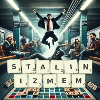 Kreatywna ilustracja do gry w Scrabble ze słowem STALINIZMEM ułożonym z płytek na planszy.