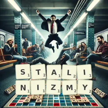 Kreatywna ilustracja do gry w Scrabble ze słowem STALINIZMY ułożonym z płytek na planszy.