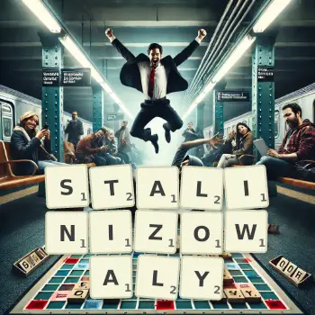 Kreatywna ilustracja do gry w Scrabble ze słowem STALINIZOWALY ułożonym z płytek na planszy.