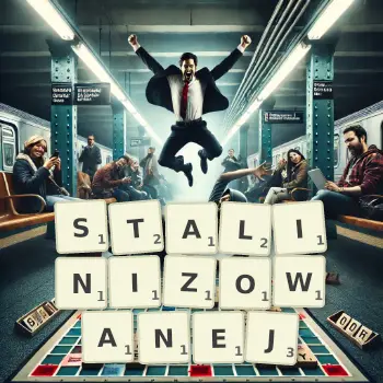 Kreatywna ilustracja do gry w Scrabble ze słowem STALINIZOWANEJ ułożonym z płytek na planszy.