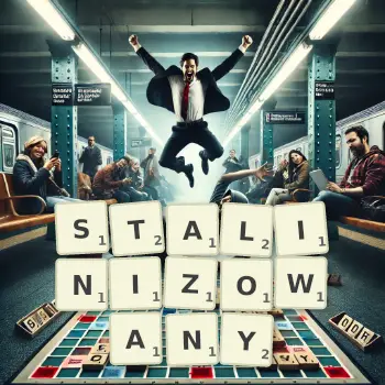 Kreatywna ilustracja do gry w Scrabble ze słowem STALINIZOWANY ułożonym z płytek na planszy.
