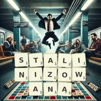 Kreatywna ilustracja do gry w Scrabble ze słowem STALINIZOWANĄ ułożonym z płytek na planszy.