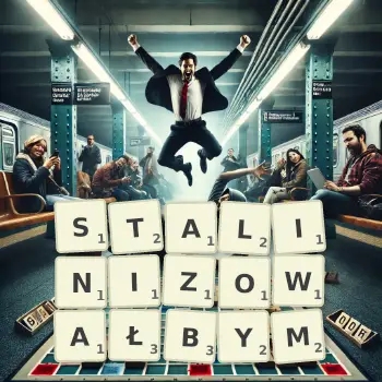 Kreatywna ilustracja do gry w Scrabble ze słowem STALINIZOWAŁBYM ułożonym z płytek na planszy.