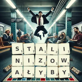 Kreatywna ilustracja do gry w Scrabble ze słowem STALINIZOWAŁYBY ułożonym z płytek na planszy.