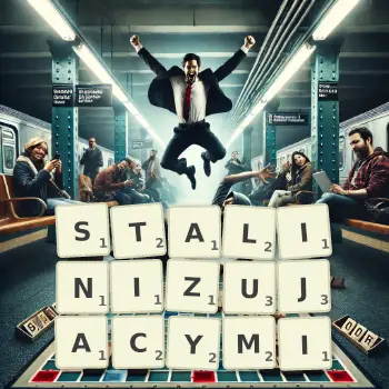 Kreatywna ilustracja do gry w Scrabble ze słowem STALINIZUJACYMI ułożonym z płytek na planszy.