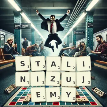 Kreatywna ilustracja do gry w Scrabble ze słowem STALINIZUJEMY ułożonym z płytek na planszy.