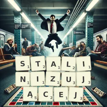Kreatywna ilustracja do gry w Scrabble ze słowem STALINIZUJĄCEJ ułożonym z płytek na planszy.