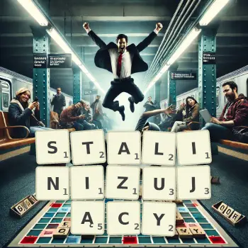 Kreatywna ilustracja do gry w Scrabble ze słowem STALINIZUJĄCY ułożonym z płytek na planszy.