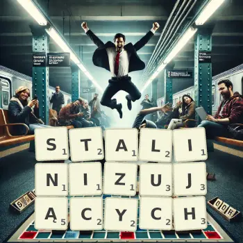 Kreatywna ilustracja do gry w Scrabble ze słowem STALINIZUJĄCYCH ułożonym z płytek na planszy.