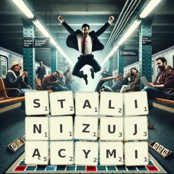 Kreatywna ilustracja do gry w Scrabble ze słowem STALINIZUJĄCYMI ułożonym z płytek na planszy.
