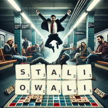 Kreatywna ilustracja do gry w Scrabble ze słowem STALIOWALI ułożonym z płytek na planszy.