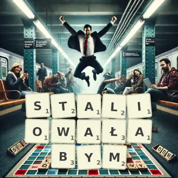 Kreatywna ilustracja do gry w Scrabble ze słowem STALIOWAŁABYM ułożonym z płytek na planszy.