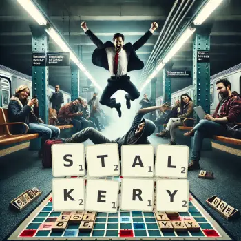 Kreatywna ilustracja do gry w Scrabble ze słowem STALKERY ułożonym z płytek na planszy.