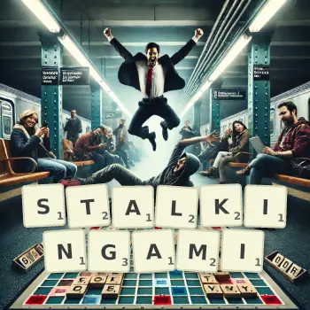 Kreatywna ilustracja do gry w Scrabble ze słowem STALKINGAMI ułożonym z płytek na planszy.