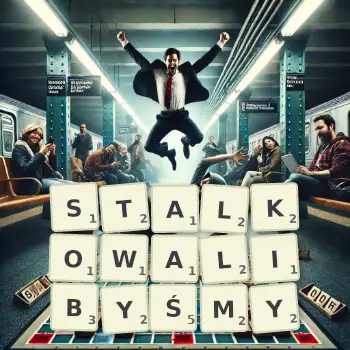 Kreatywna ilustracja do gry w Scrabble ze słowem STALKOWALIBYŚMY ułożonym z płytek na planszy.