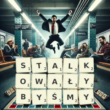 Kreatywna ilustracja do gry w Scrabble ze słowem STALKOWAŁYBYŚMY ułożonym z płytek na planszy.