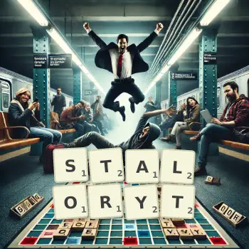 Kreatywna ilustracja do gry w Scrabble ze słowem STALORYT ułożonym z płytek na planszy.