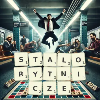 Kreatywna ilustracja do gry w Scrabble ze słowem STALORYTNICZE ułożonym z płytek na planszy.