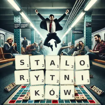 Kreatywna ilustracja do gry w Scrabble ze słowem STALORYTNIKÓW ułożonym z płytek na planszy.