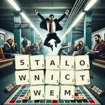 Kreatywna ilustracja do gry w Scrabble ze słowem STALOWNICTWEM ułożonym z płytek na planszy.