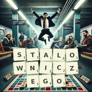 Kreatywna ilustracja do gry w Scrabble ze słowem STALOWNICZEGO ułożonym z płytek na planszy.
