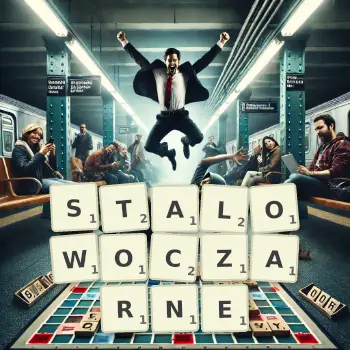 Kreatywna ilustracja do gry w Scrabble ze słowem STALOWOCZARNE ułożonym z płytek na planszy.