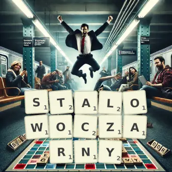 Kreatywna ilustracja do gry w Scrabble ze słowem STALOWOCZARNY ułożonym z płytek na planszy.