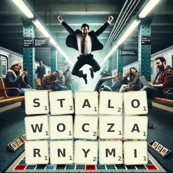 Kreatywna ilustracja do gry w Scrabble ze słowem STALOWOCZARNYMI ułożonym z płytek na planszy.