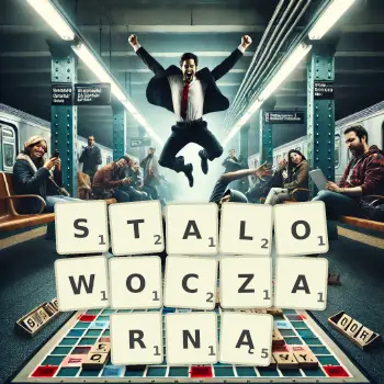 Kreatywna ilustracja do gry w Scrabble ze słowem STALOWOCZARNĄ ułożonym z płytek na planszy.