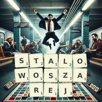 Kreatywna ilustracja do gry w Scrabble ze słowem STALOWOSZAREJ ułożonym z płytek na planszy.