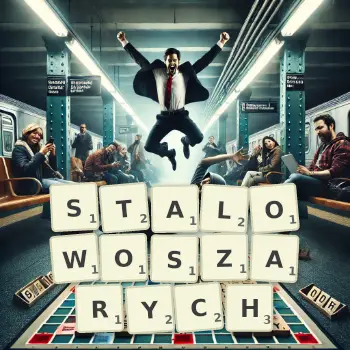 Kreatywna ilustracja do gry w Scrabble ze słowem STALOWOSZARYCH ułożonym z płytek na planszy.