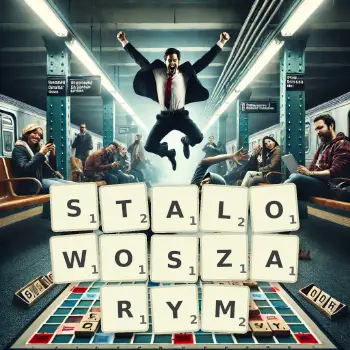 Kreatywna ilustracja do gry w Scrabble ze słowem STALOWOSZARYM ułożonym z płytek na planszy.