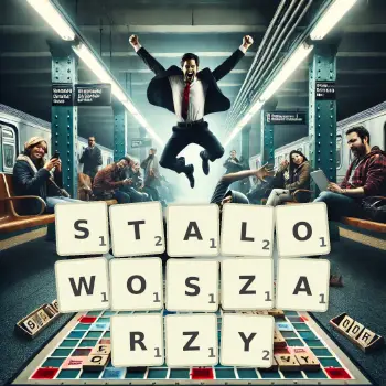Kreatywna ilustracja do gry w Scrabble ze słowem STALOWOSZARZY ułożonym z płytek na planszy.