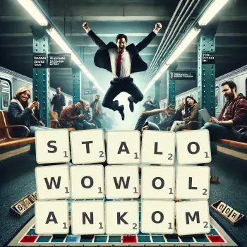 Kreatywna ilustracja do gry w Scrabble ze słowem STALOWOWOLANKOM ułożonym z płytek na planszy.
