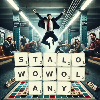 Kreatywna ilustracja do gry w Scrabble ze słowem STALOWOWOLANY ułożonym z płytek na planszy.