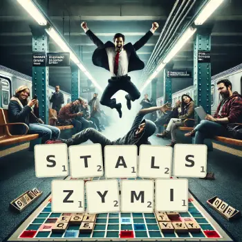 Kreatywna ilustracja do gry w Scrabble ze słowem STALSZYMI ułożonym z płytek na planszy.