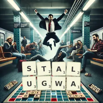 Kreatywna ilustracja do gry w Scrabble ze słowem STALUGWA ułożonym z płytek na planszy.