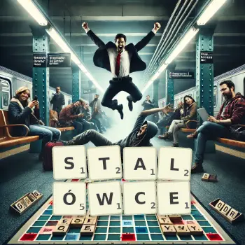 Kreatywna ilustracja do gry w Scrabble ze słowem STALÓWCE ułożonym z płytek na planszy.
